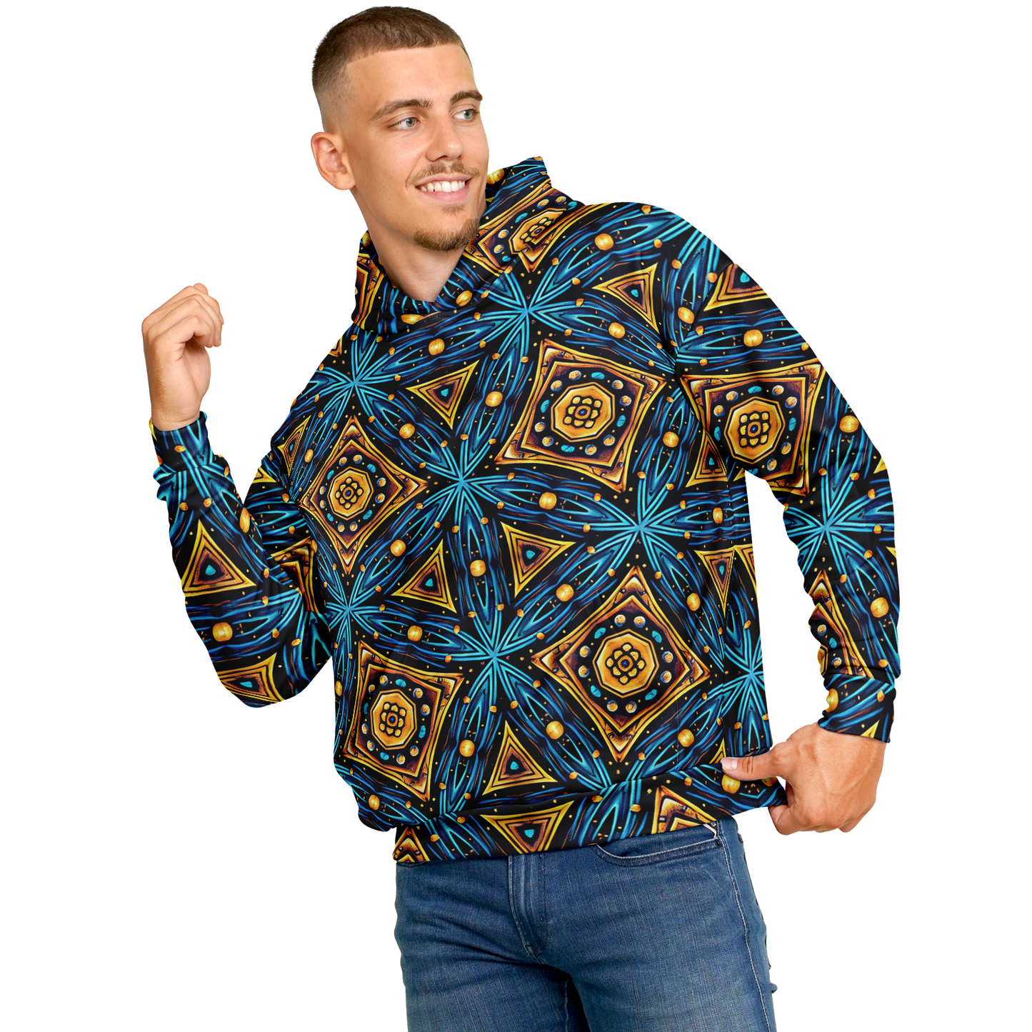 Men's Blue & Gold Geometric Pattern All Over Print Heavyweight Oversized Hoodie