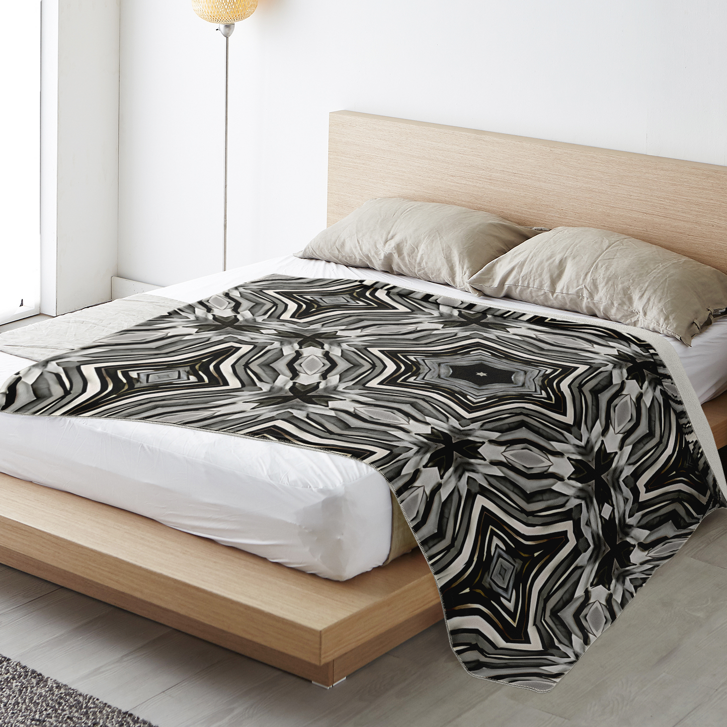 Blanket - Monochrome Kaleidoscope Pattern Premium Microfleece Blanket