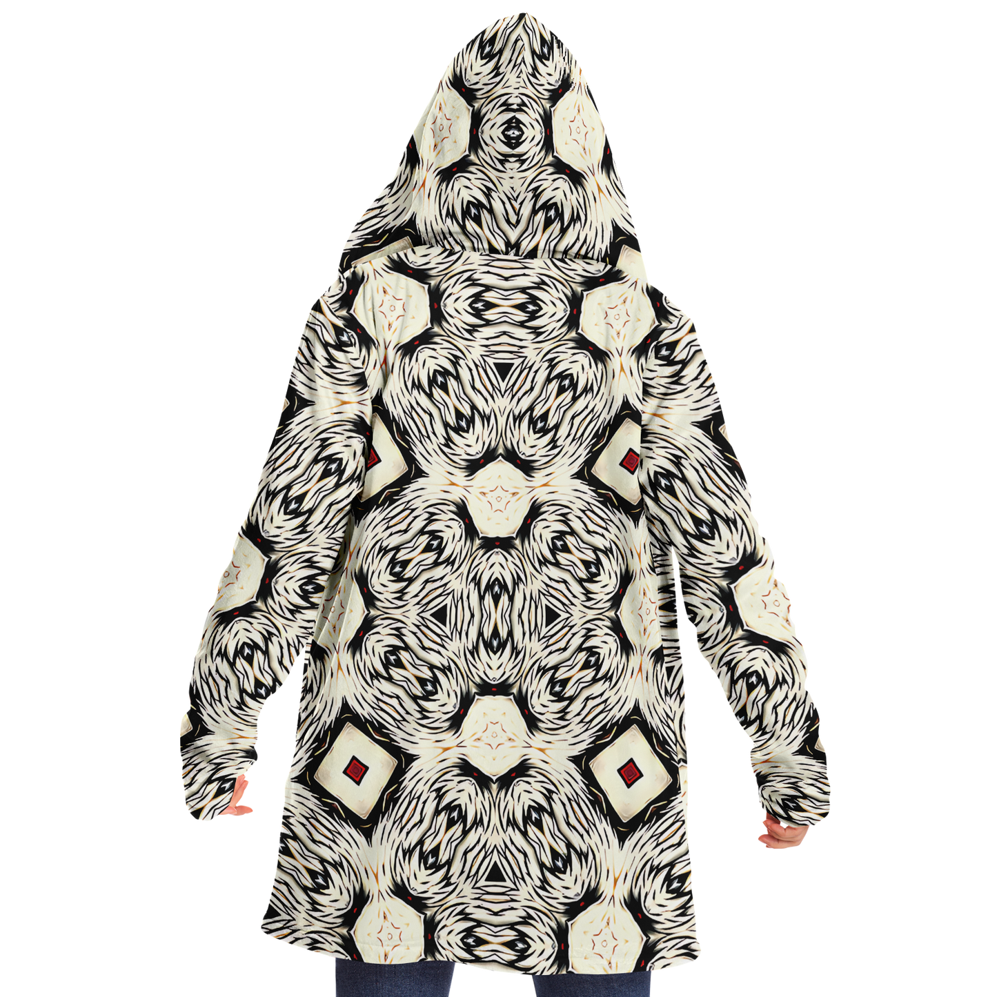 Women's Black & Cream Geometric Pattern All Over Print Microfleece Cloak