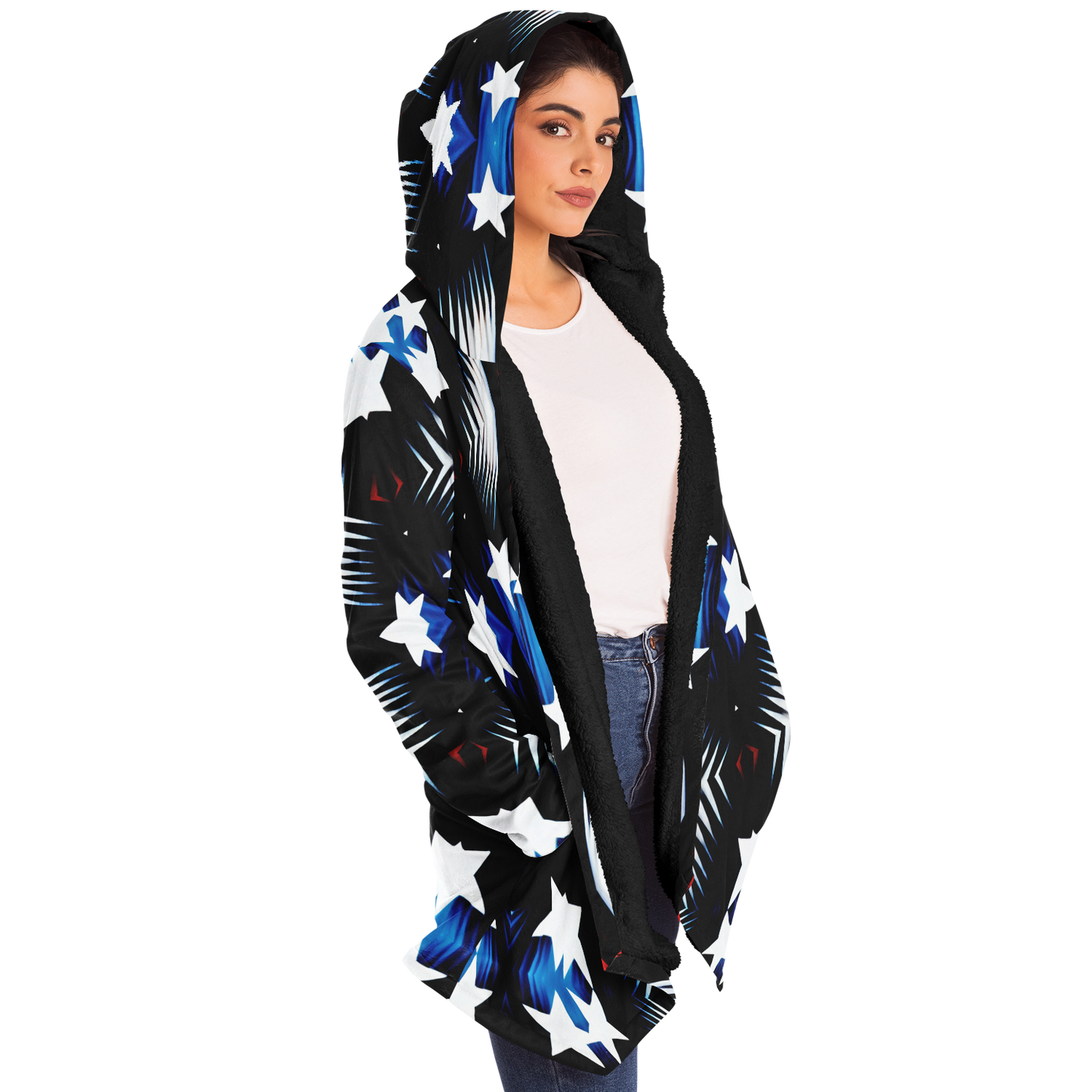 Women's Patriotic Starburst Pattern All-Over Print Microfleece Cloak