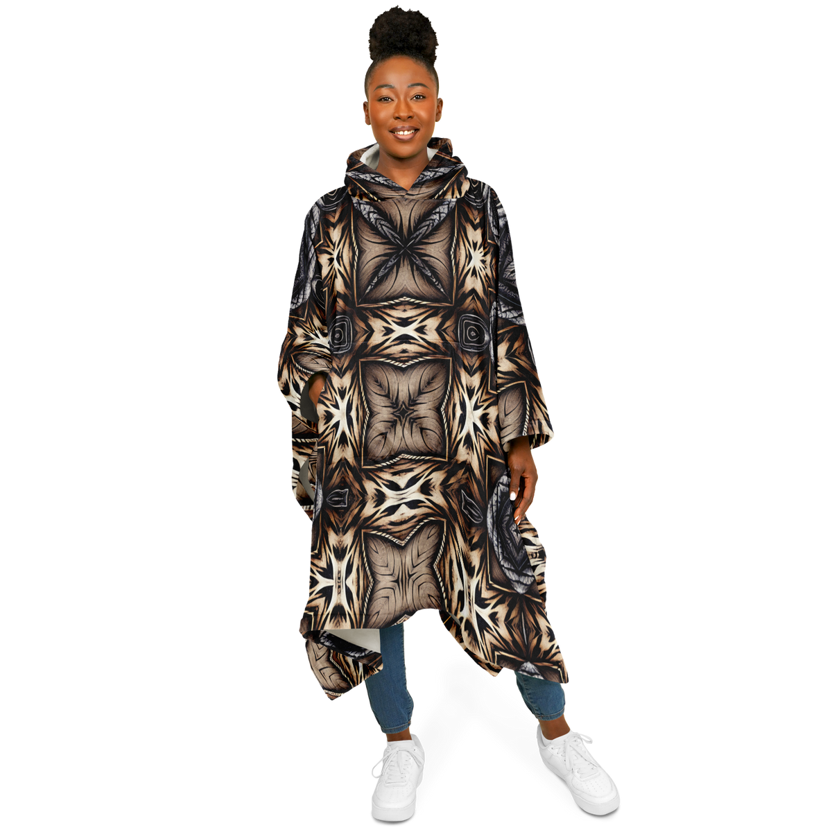 Women's Geometric Kaleidoscope Brown Pattern All Over Print Flannel Blanket Poncho
