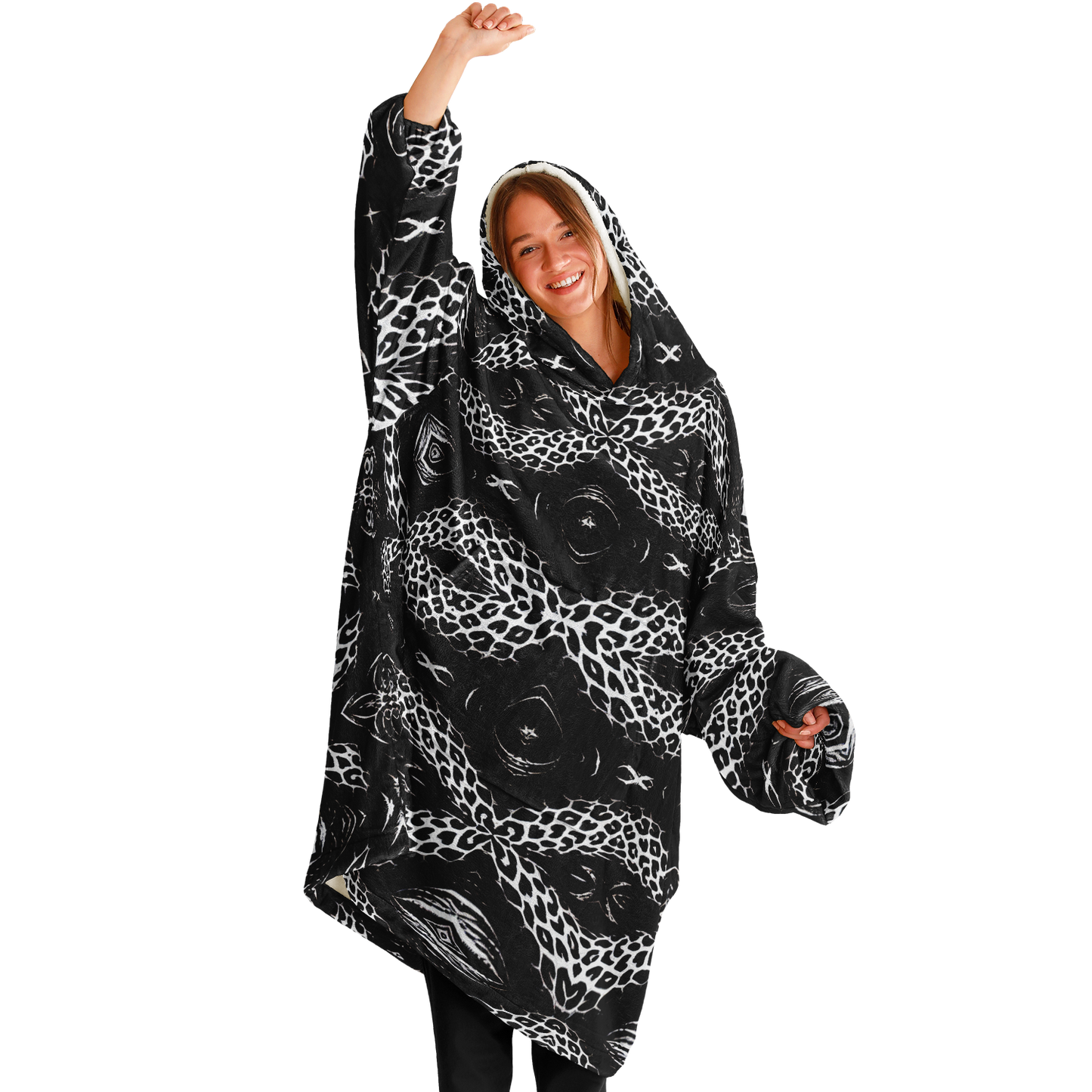 Women's Black & White Kaleidoscope Leopard All Over Print Snug Hoodie Economy