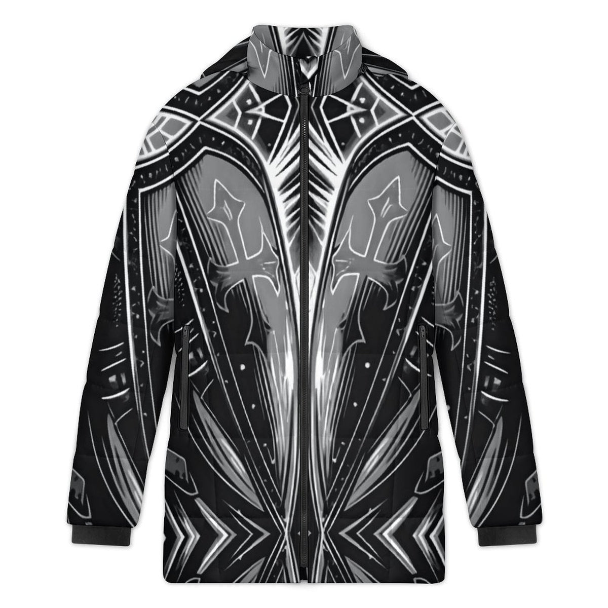 Women's Black & Silver Symmetry Pattern All-Over Print Hooded Puffer Coat