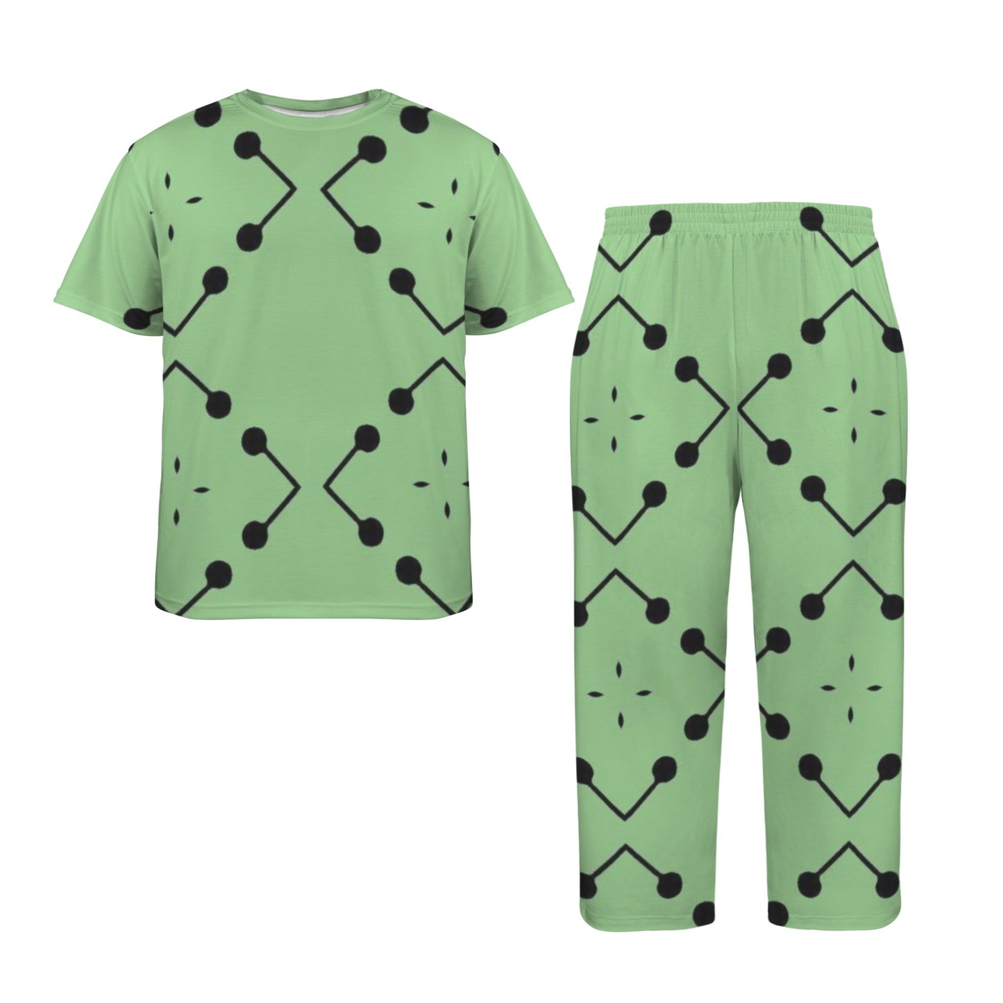 Men's Bold Green Geometric Black Dot-Node Pattern All-Over Crew Neck Pajama Set