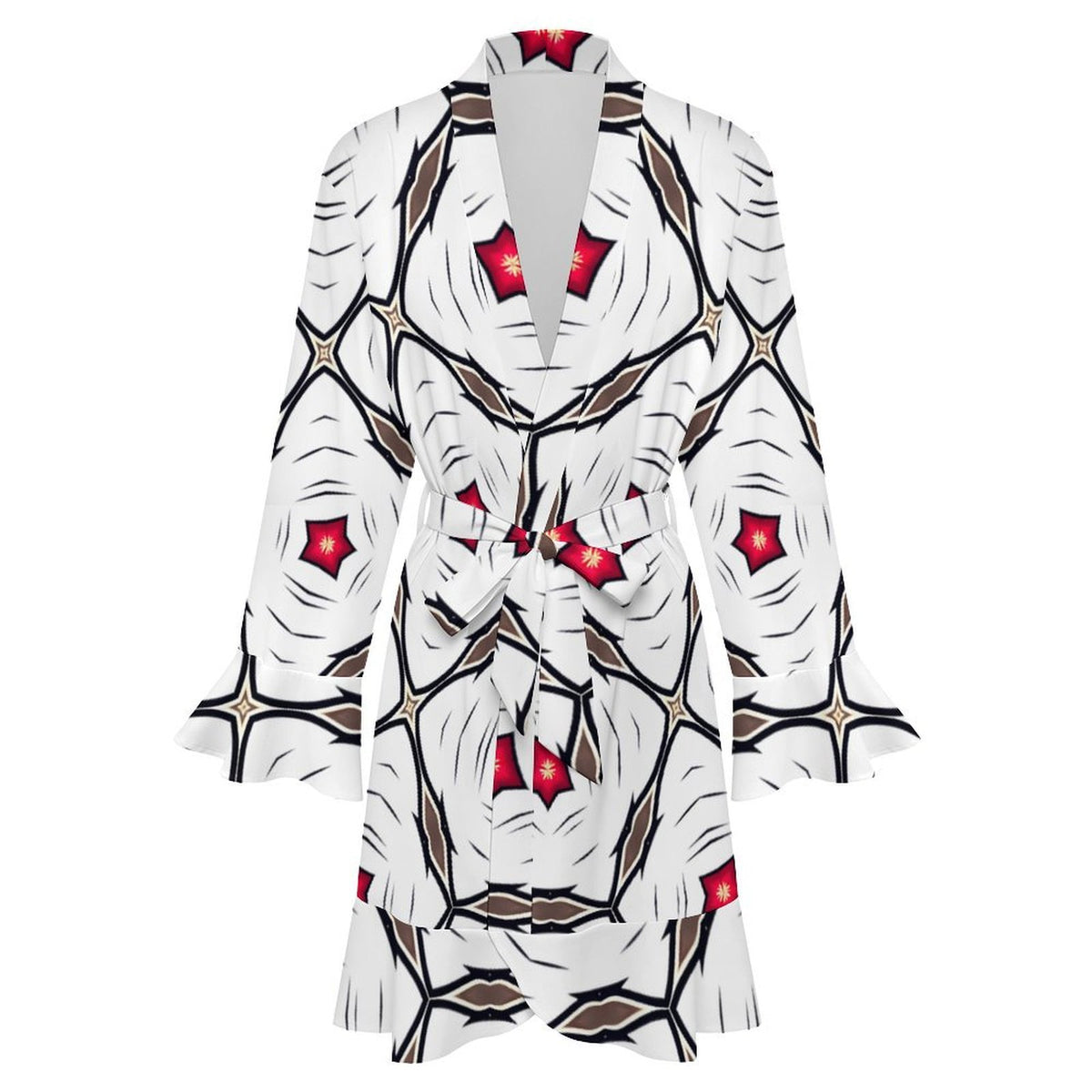 Women's Geometric White Red Patterned Design All-Over Print Ruffle Long Sleeve Robe