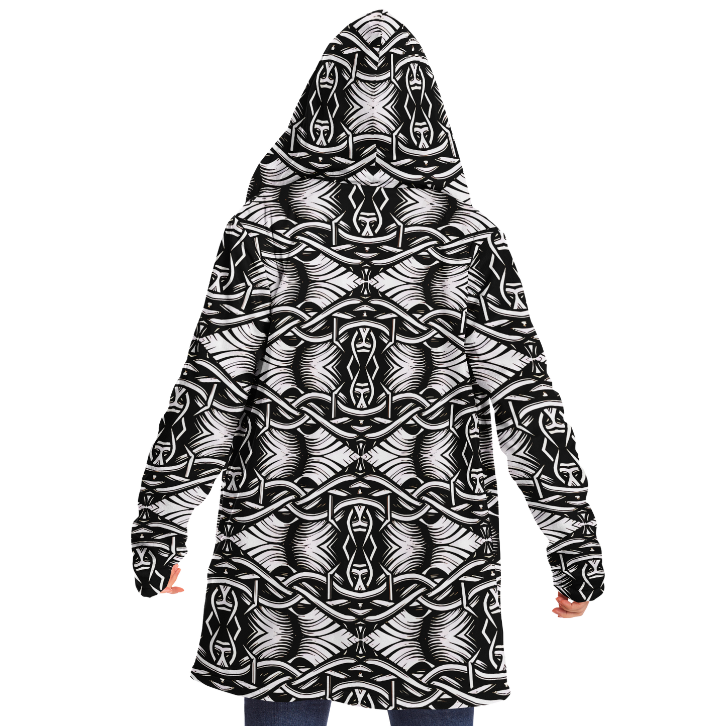 Women’s Black Intricate Silver Chain Tattoo Pattern High Microfleece Cloak