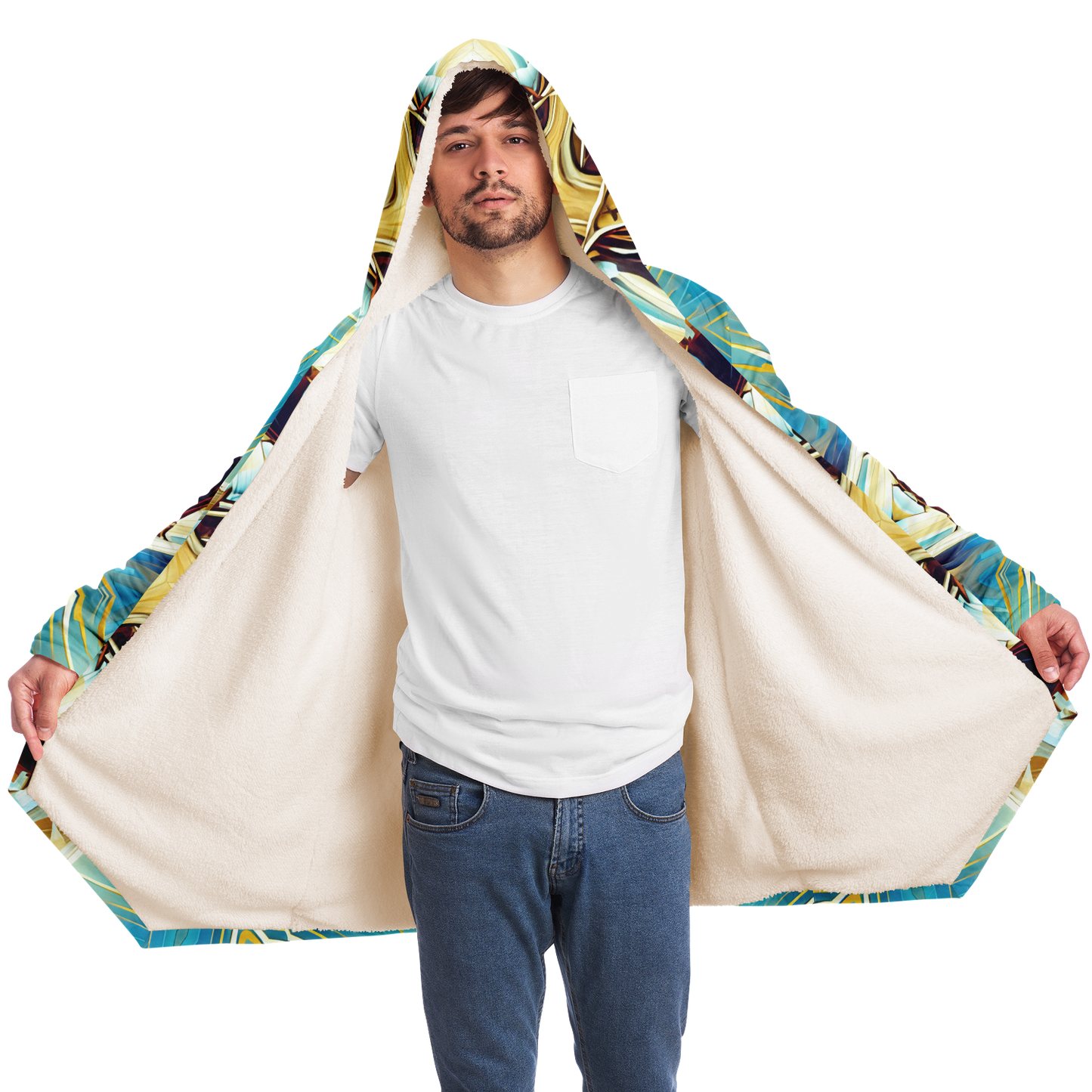 Men's Abstract Teal & Gold Pattern All Over Print Microfleece Cloak