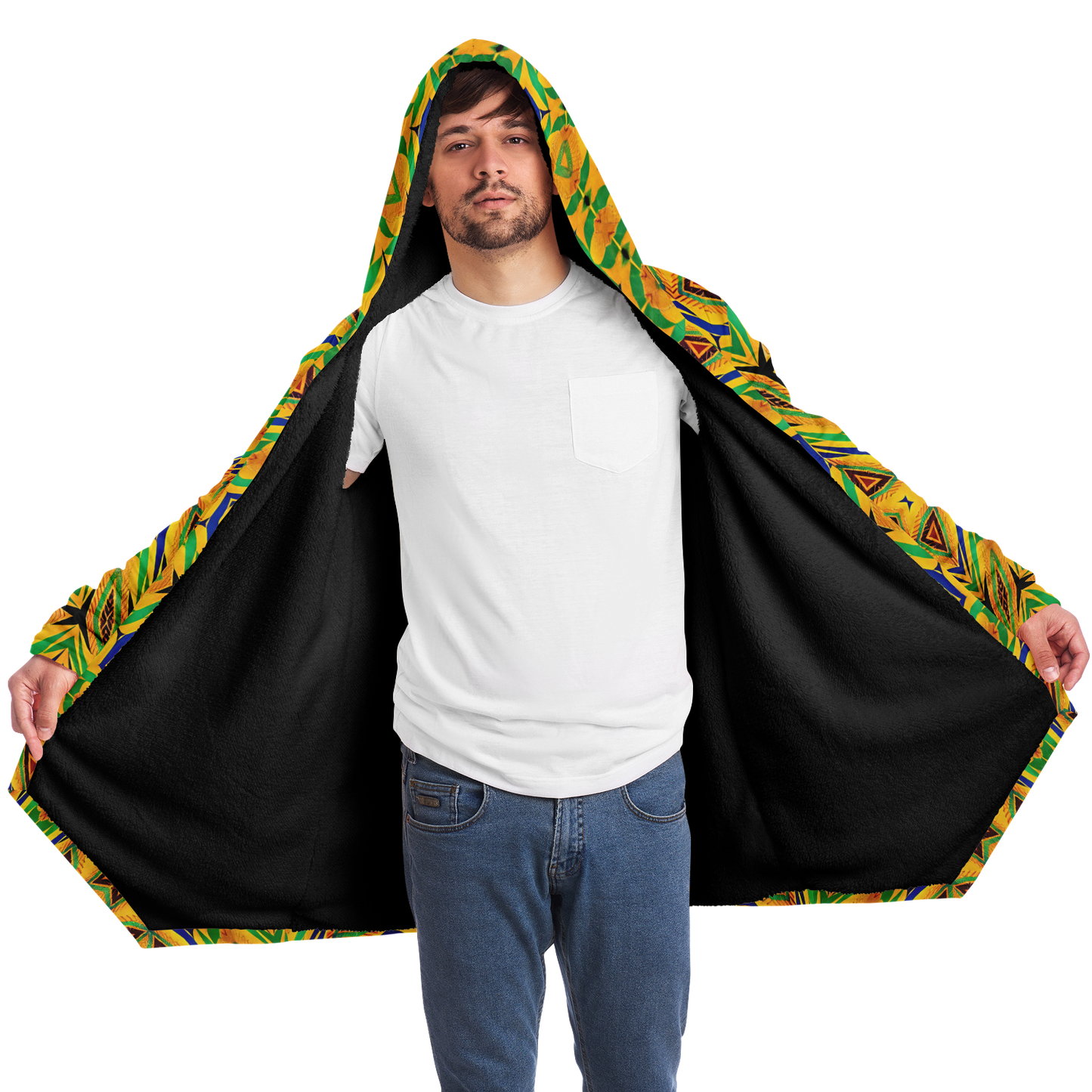 Men's Vibrant Yellow Green Geo Kente Pattern All-Over Print Microfleece Cloak