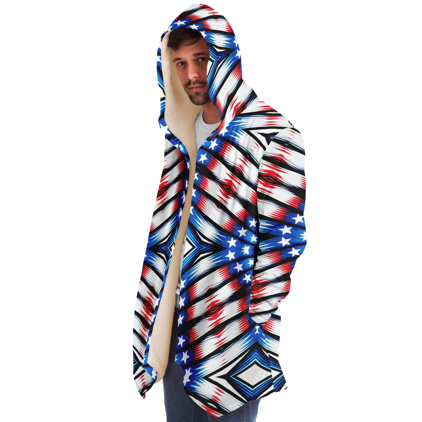 Men's Red White Blue Geometric Pattern All-Over Print All Over Print Microfleece Cloak