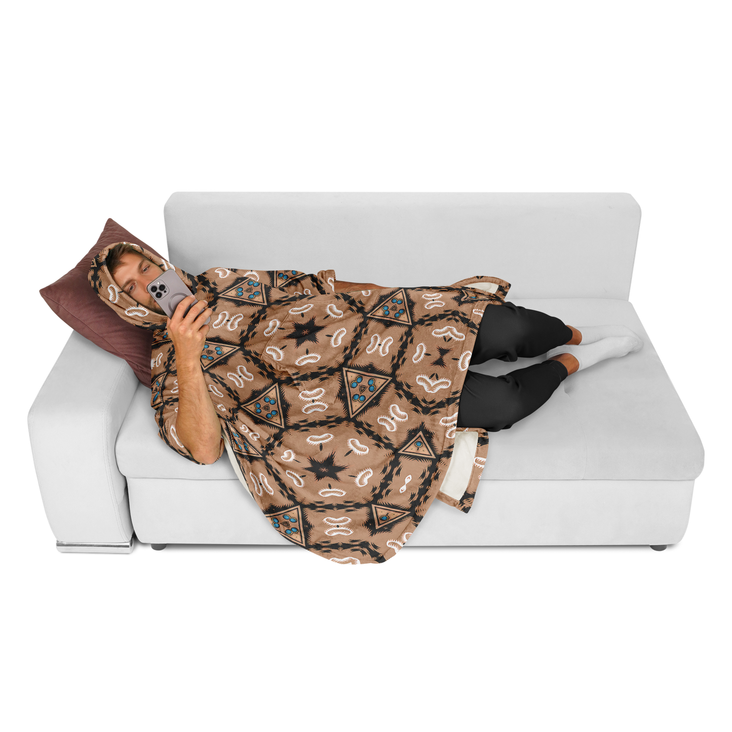 men's Geometric Brown Kaleidoscope Pattern All Over Print Flannel Blanket Poncho