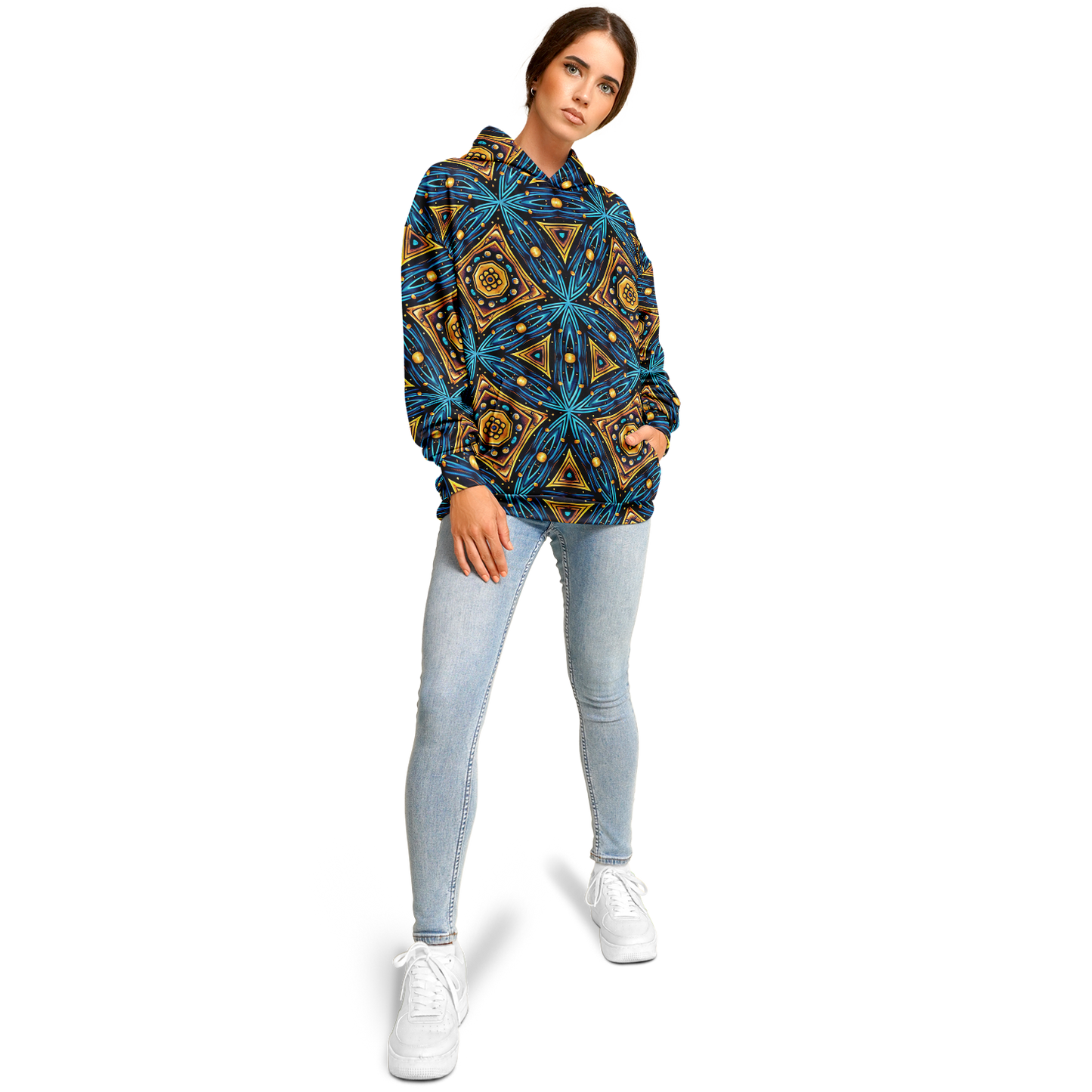Women's Blue & Gold Geometric Pattern All Over Print Heavyweight Oversized Hoodie