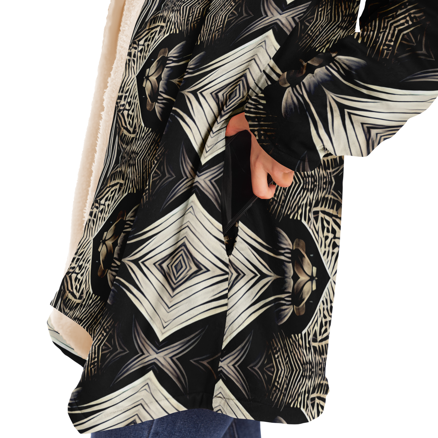 Women's Monochrome Geometric Kaleidoscope Pattern All Over Print Microfleece Cloak