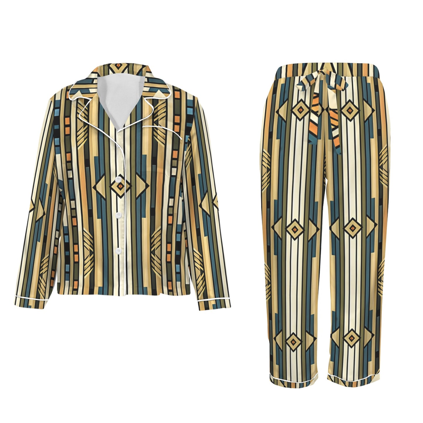 Women's Retro Geometric Tribal Pattern All-Over Print Long Sleeve Satin Pajama Set