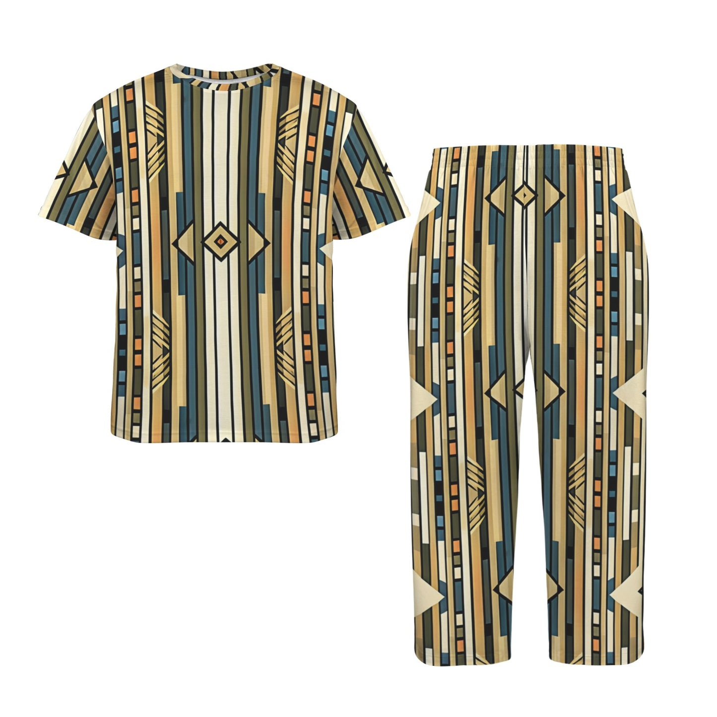 Men's Retro Geometric Tribal Pattern All-Over Print Crew Neck Pajama Set