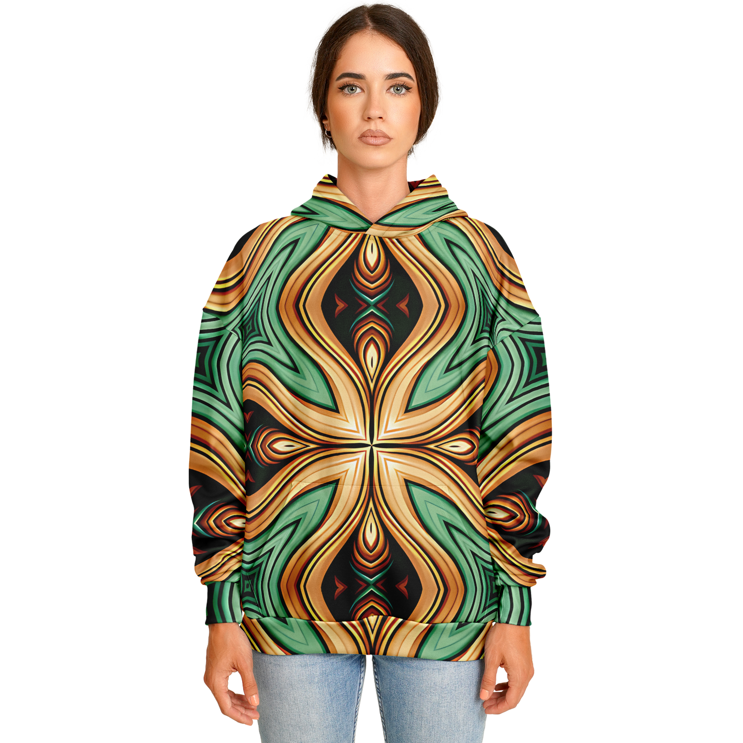 Women's  Green & Gold Retro Kaleidoscope Pattern Heavyweight Oversized Hoodie