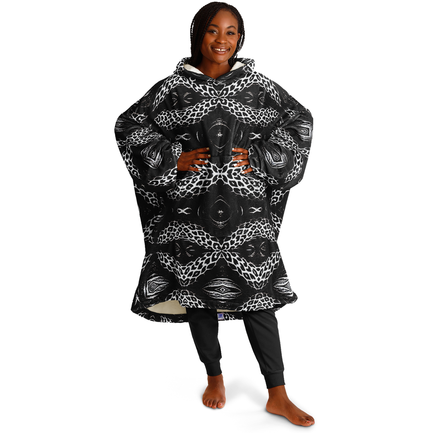 Women's Black & White Kaleidoscope Leopard All Over Print Snug Hoodie Economy