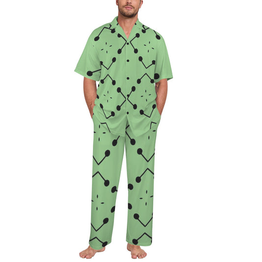 Men's Bold Green Geometric Black Dot-Node Pattern All-Over Print V-Neck Pajama Set