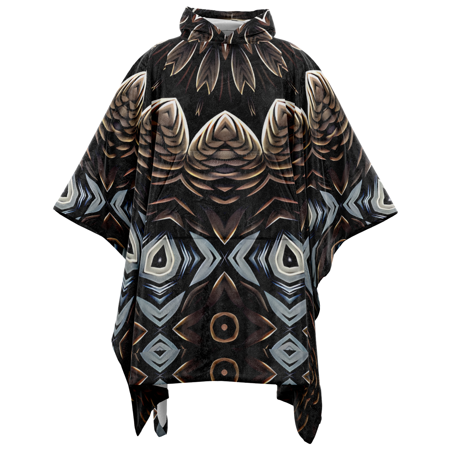 Men's Black & Taupe Kaleidoscope Floral Pattern Flannel Blanket Poncho All Over Print