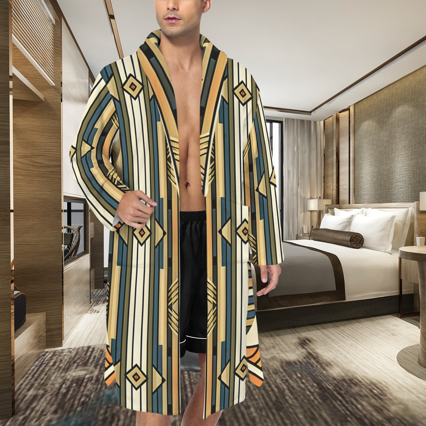 Men's Retro Geometric Tribal Pattern All-Over Print Men's Belted Sleep Robe