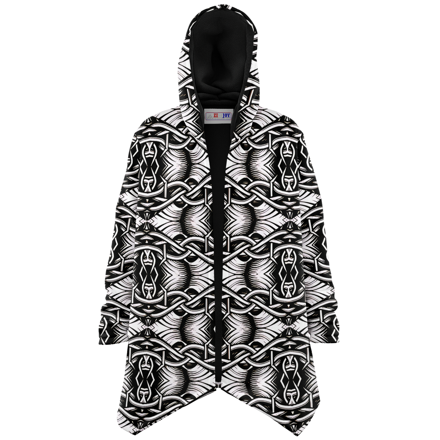 Women’s Black Intricate Silver Chain Tattoo Pattern High Microfleece Cloak