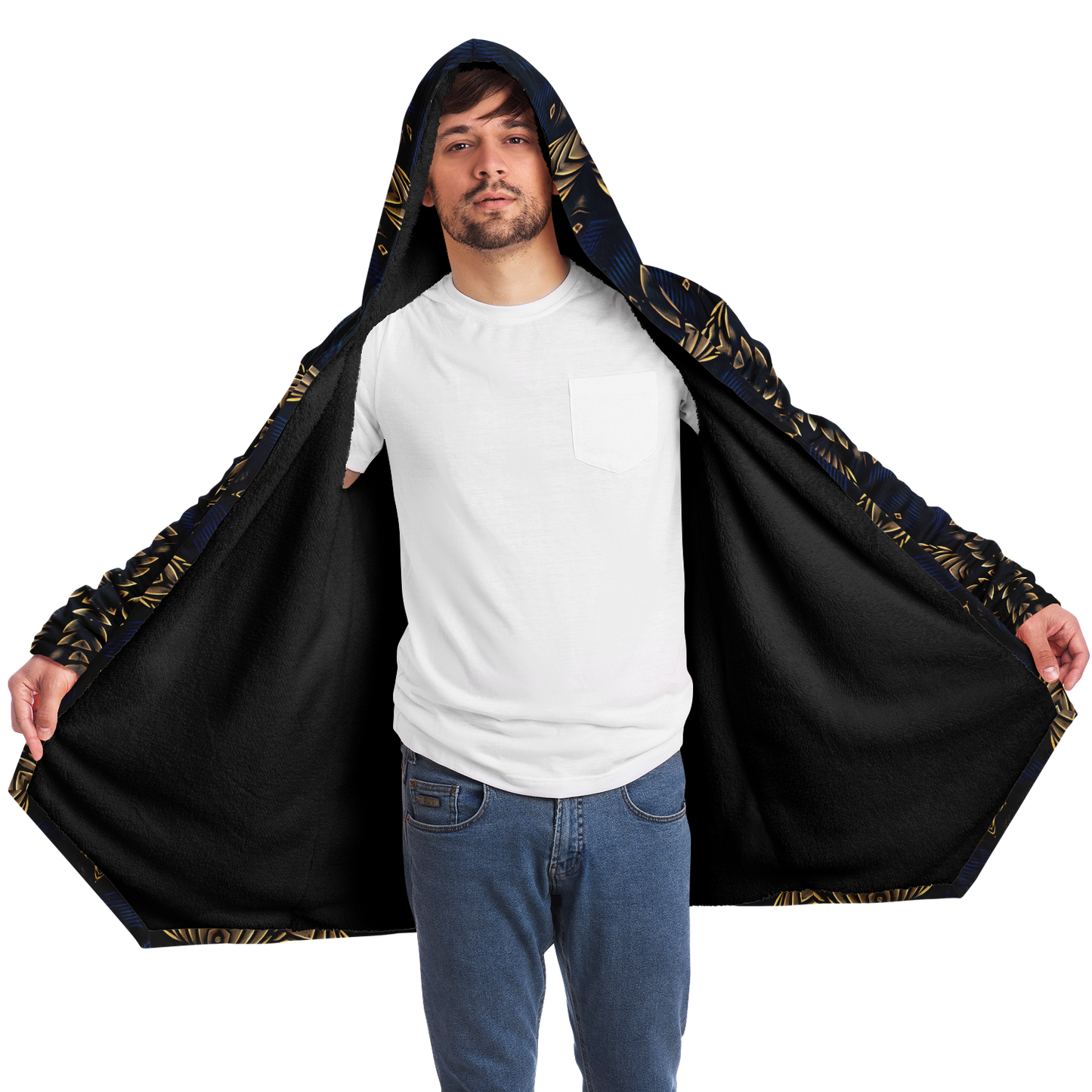Men's Asymmetrical Gold, Blue & Black Pattern All Over Print Microfleece Cloak