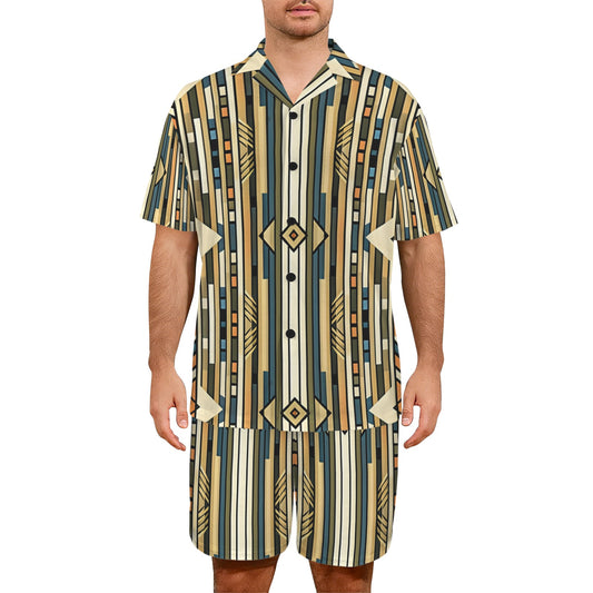 Men's Retro Geometric Tribal Pattern All-Over Print V-Neck Short Pajama Set
