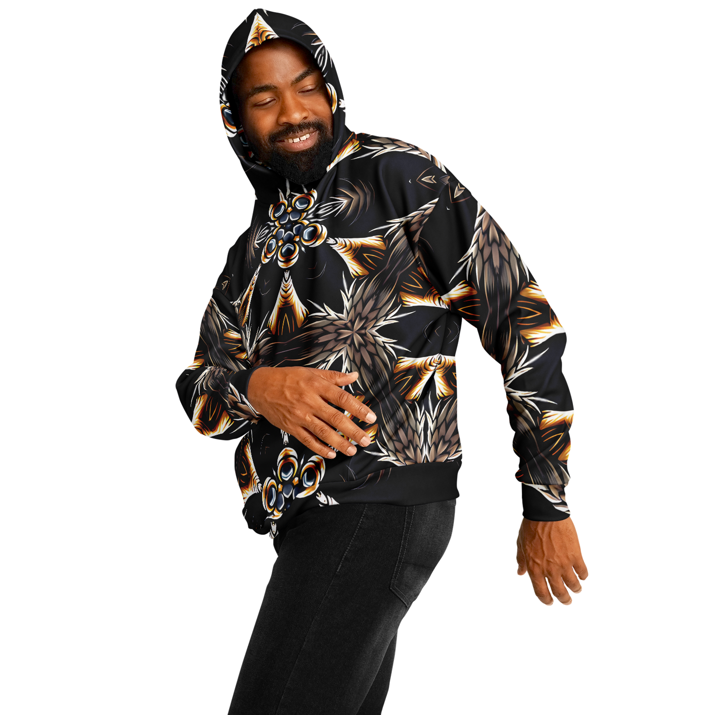 Men's Geometric Black & Gold Kaleidoscope Print Heavyweight Oversized Hoodie