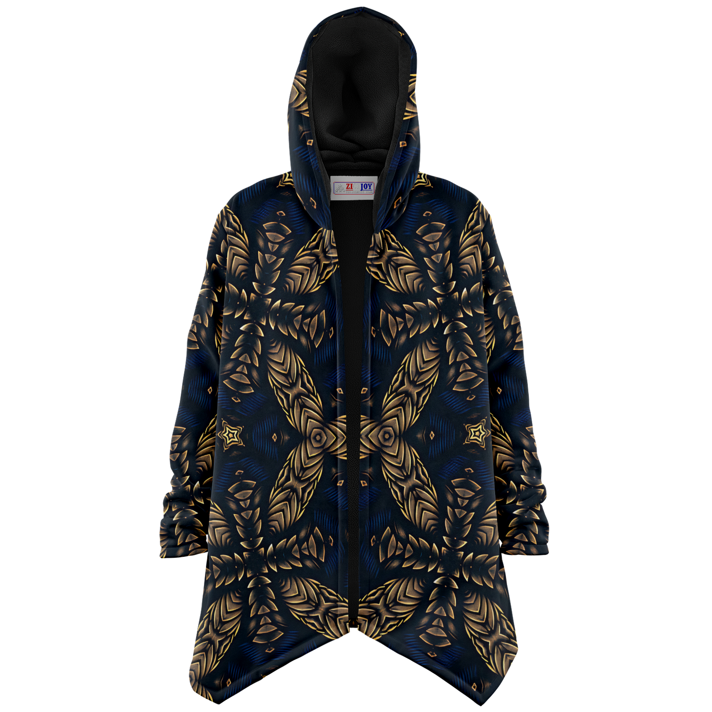 Men's Asymmetrical Gold, Blue & Black Pattern All Over Print Microfleece Cloak