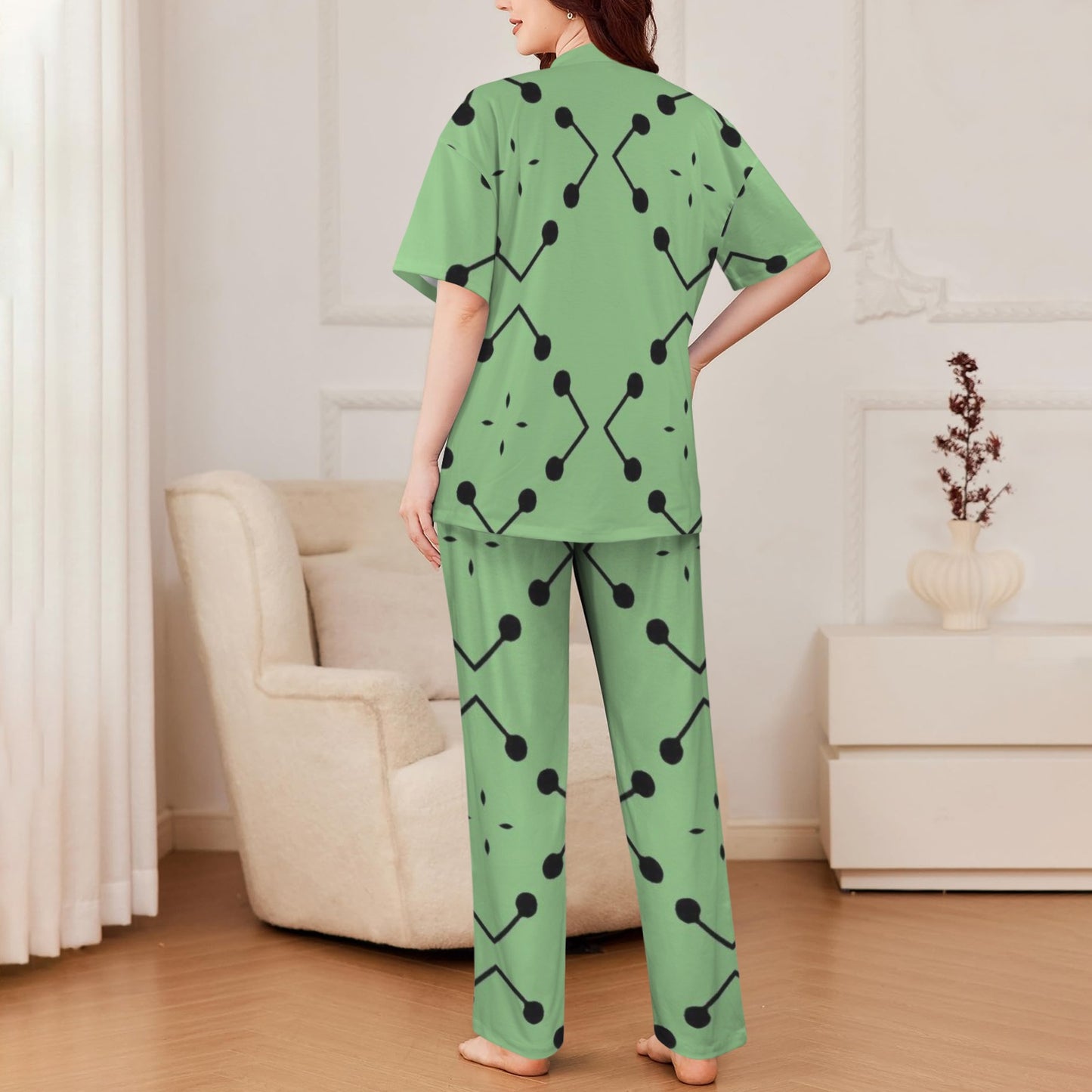 Women's Bold Green Geometric Black Dot-Node Pattern All-Over Print V-Neck Pajama Set