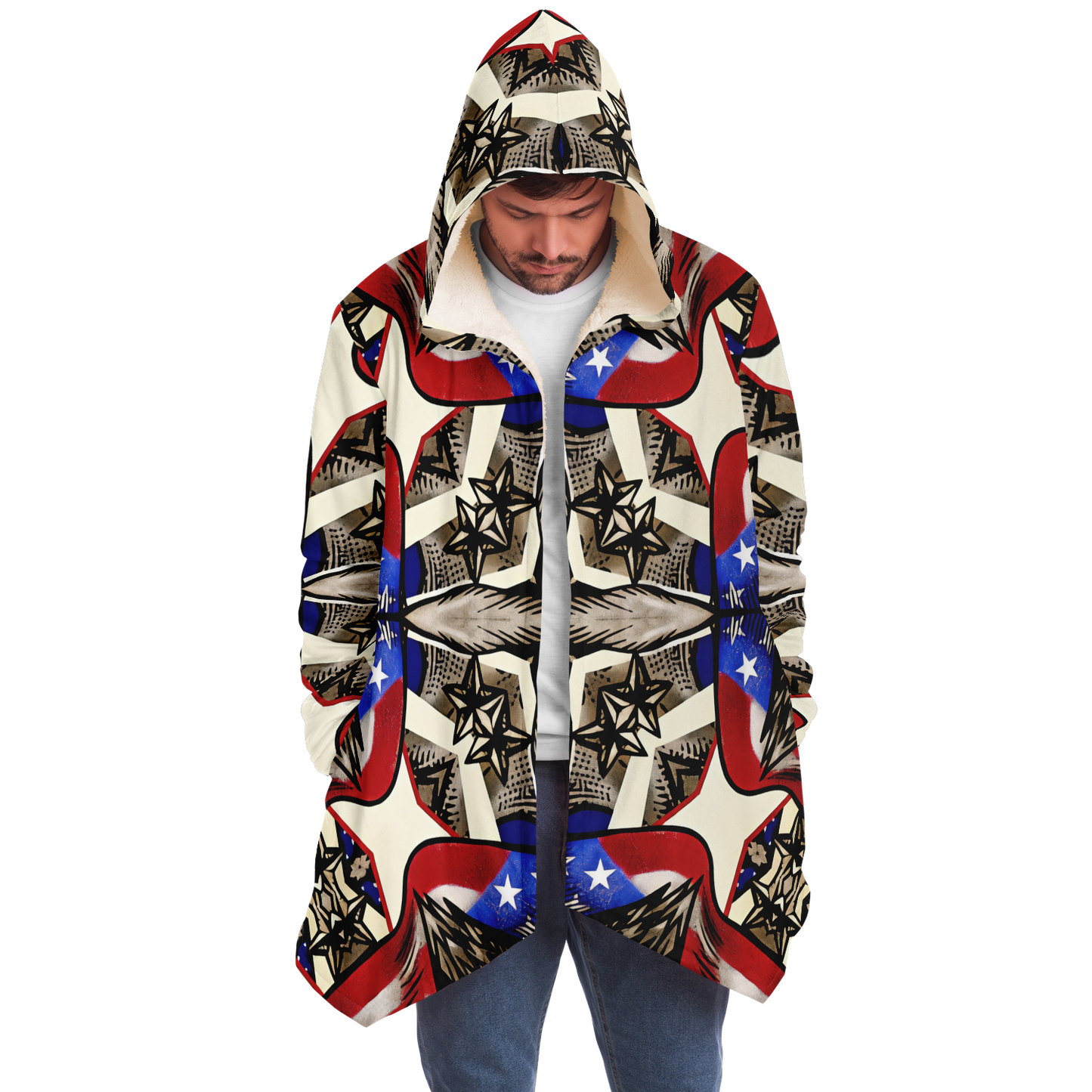 Men's Patriotic Star Kaleidoscope Pattern All-Over Print Microfleece Cloak