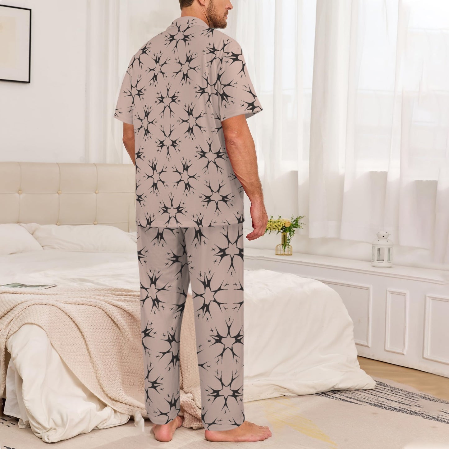 Men's Blush Pink Kaleidoscope Pattern All Over Print V-Neck Pajama Set
