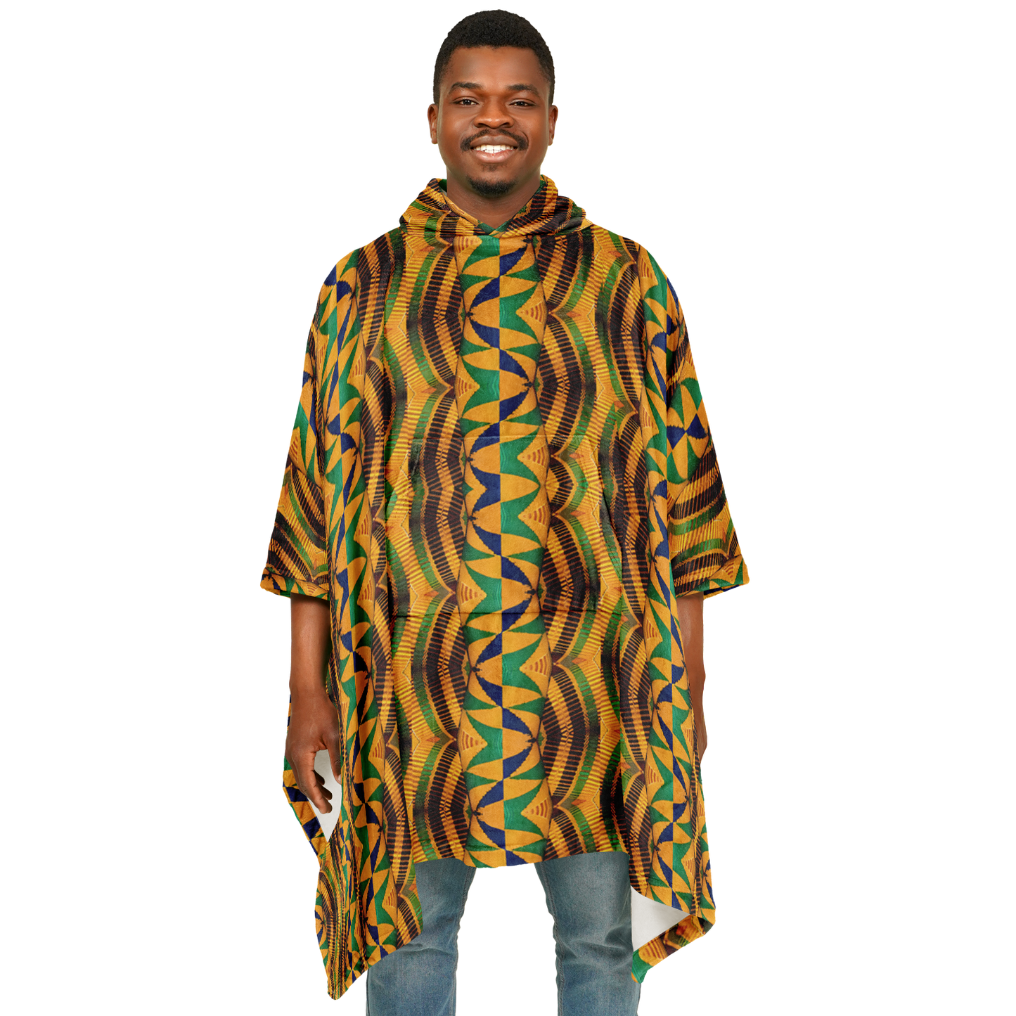 Men's African Kente Geometric Pattern All-Over Print Flannel Blanket Poncho
