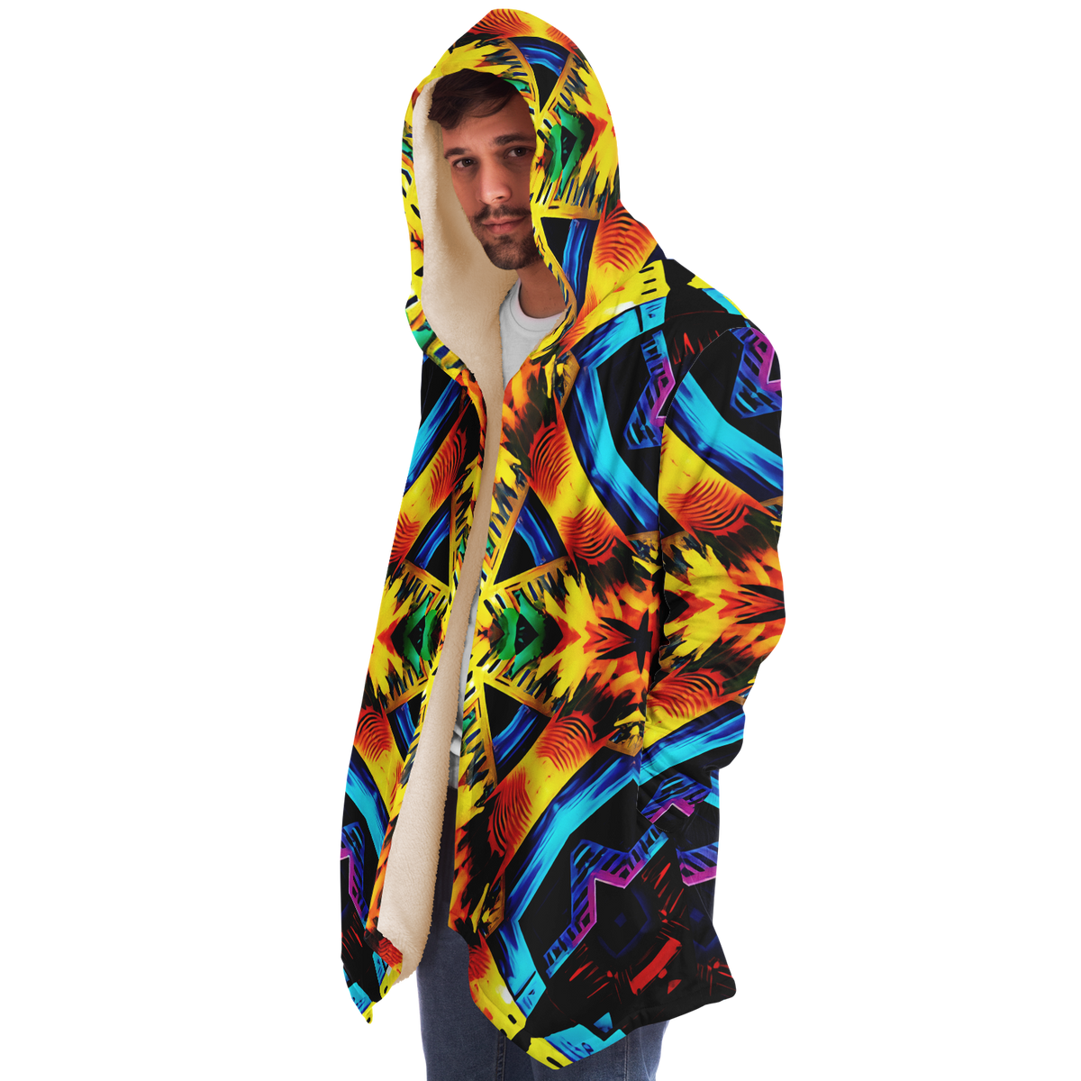 Men's Vibrant Kaleidoscope Tribal Pattern Design All Over Print Microfleece Cloak