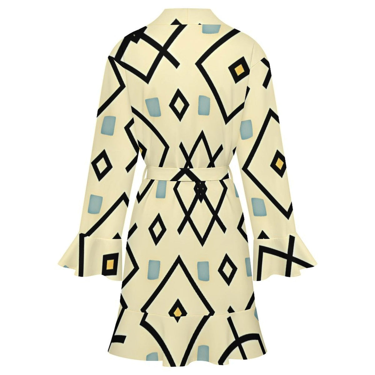 Women's Retro Cream Geometric Diamond Pattern Design All Over Print Ruffle Long Sleeve Robe