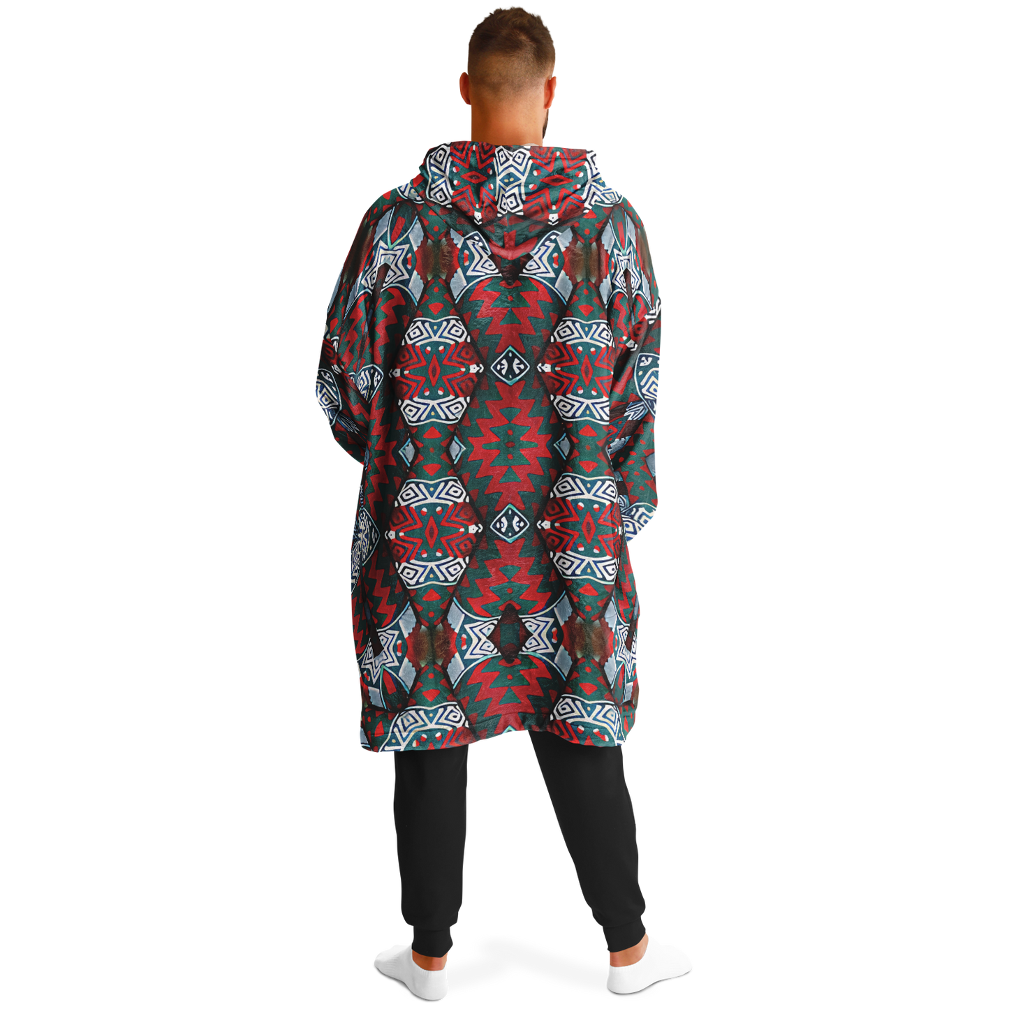 Men's Red & Teal Geometric Pattern Snug Hoodie Economy
