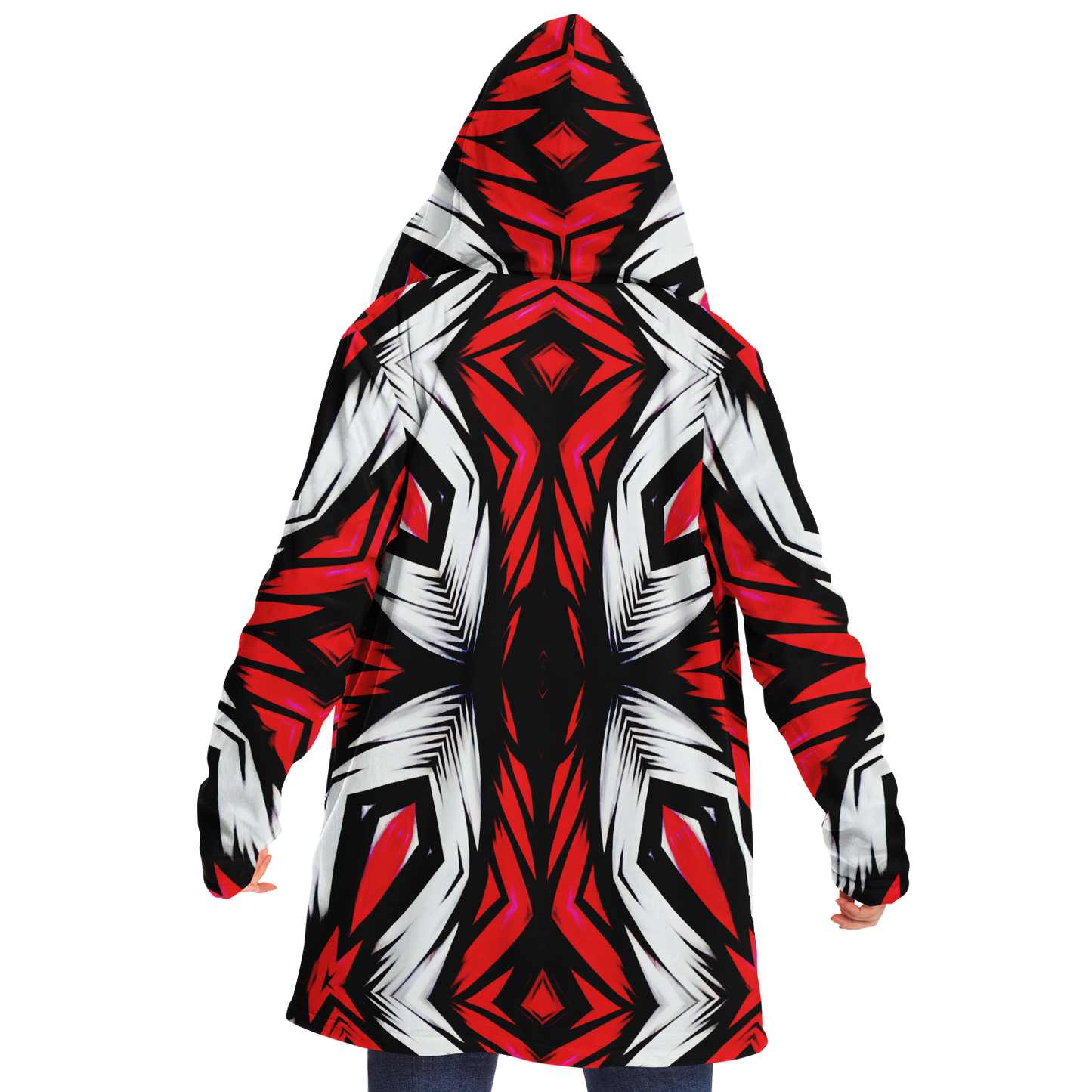 Women's Abstract Red, White & Black Pattern All-Over Print Microfleece Cloak