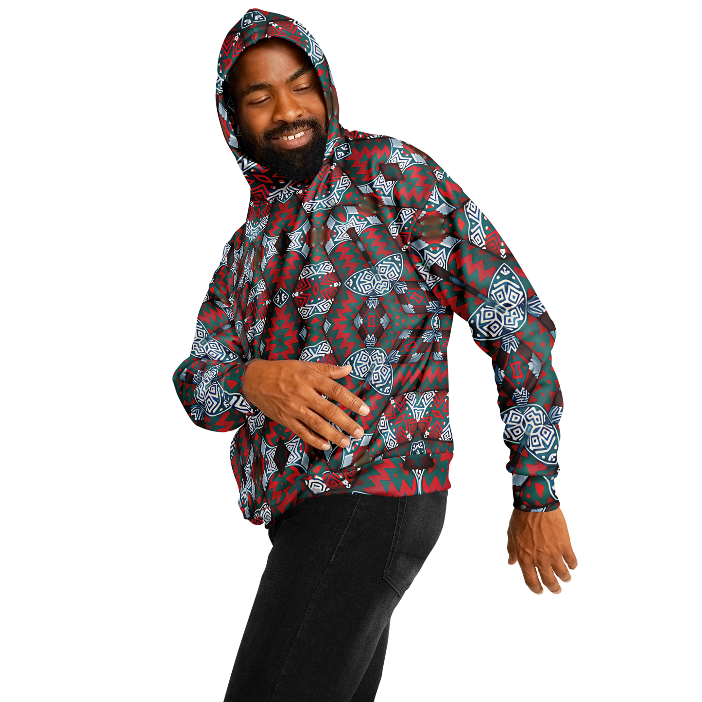 Men's Red & Teal Geometric Pattern Heavyweight Oversized Hoodie