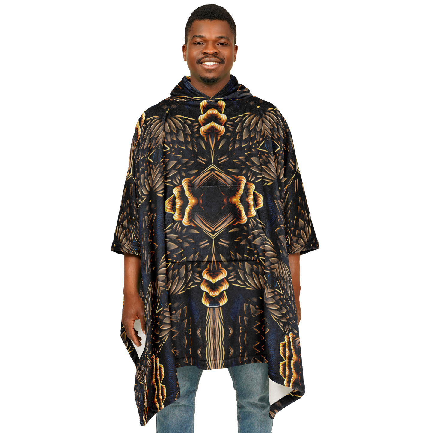 Men's Geometric Gold & Black Pattern Flannel Blanket Poncho