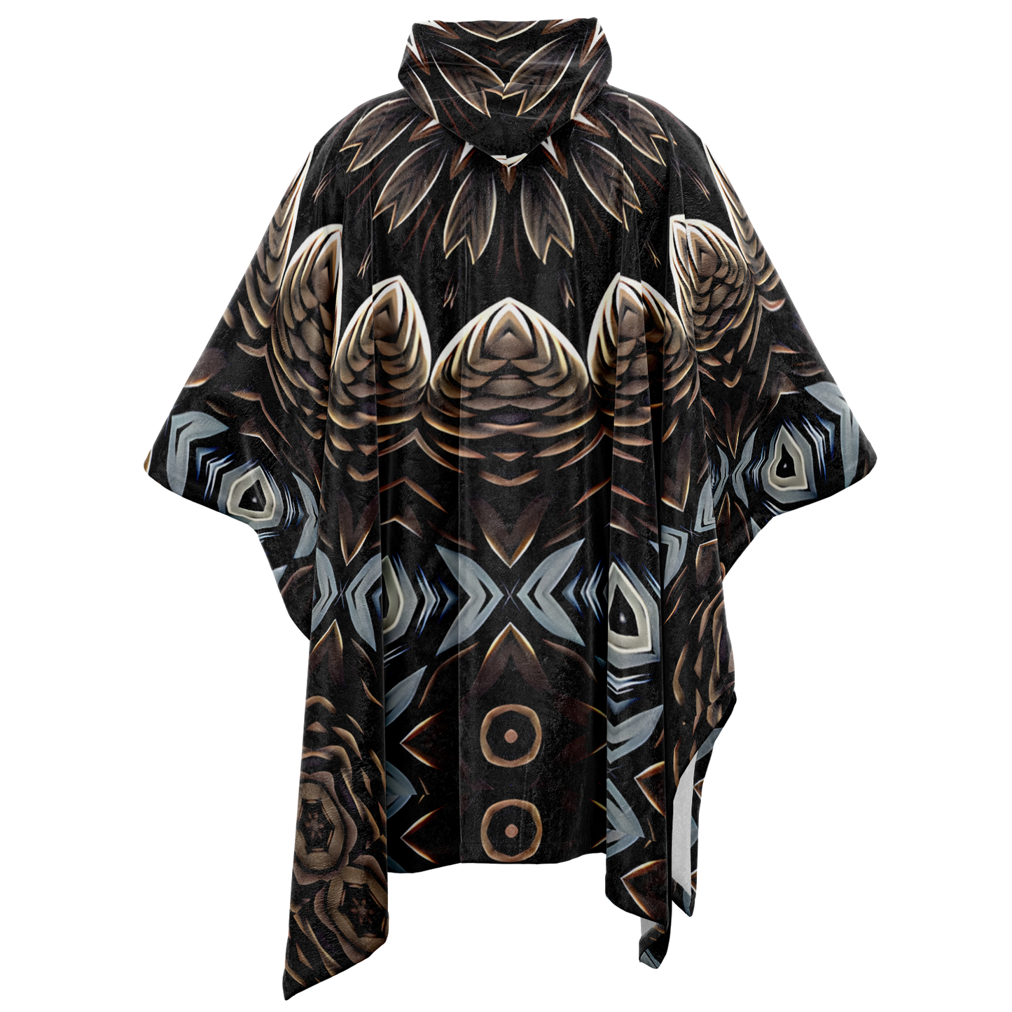 Men's Black & Taupe Kaleidoscope Floral Pattern Flannel Blanket Poncho All Over Print