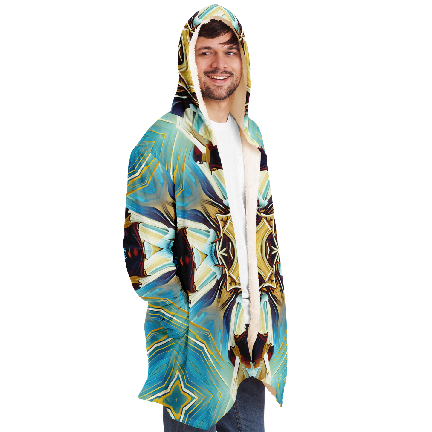Men's Abstract Teal & Gold Pattern All Over Print Microfleece Cloak