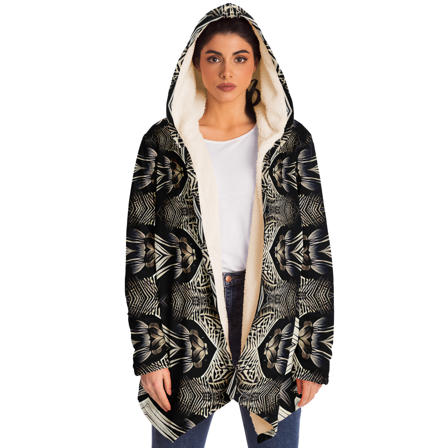 Women's Monochrome Geometric Kaleidoscope Pattern All Over Print Microfleece Cloak