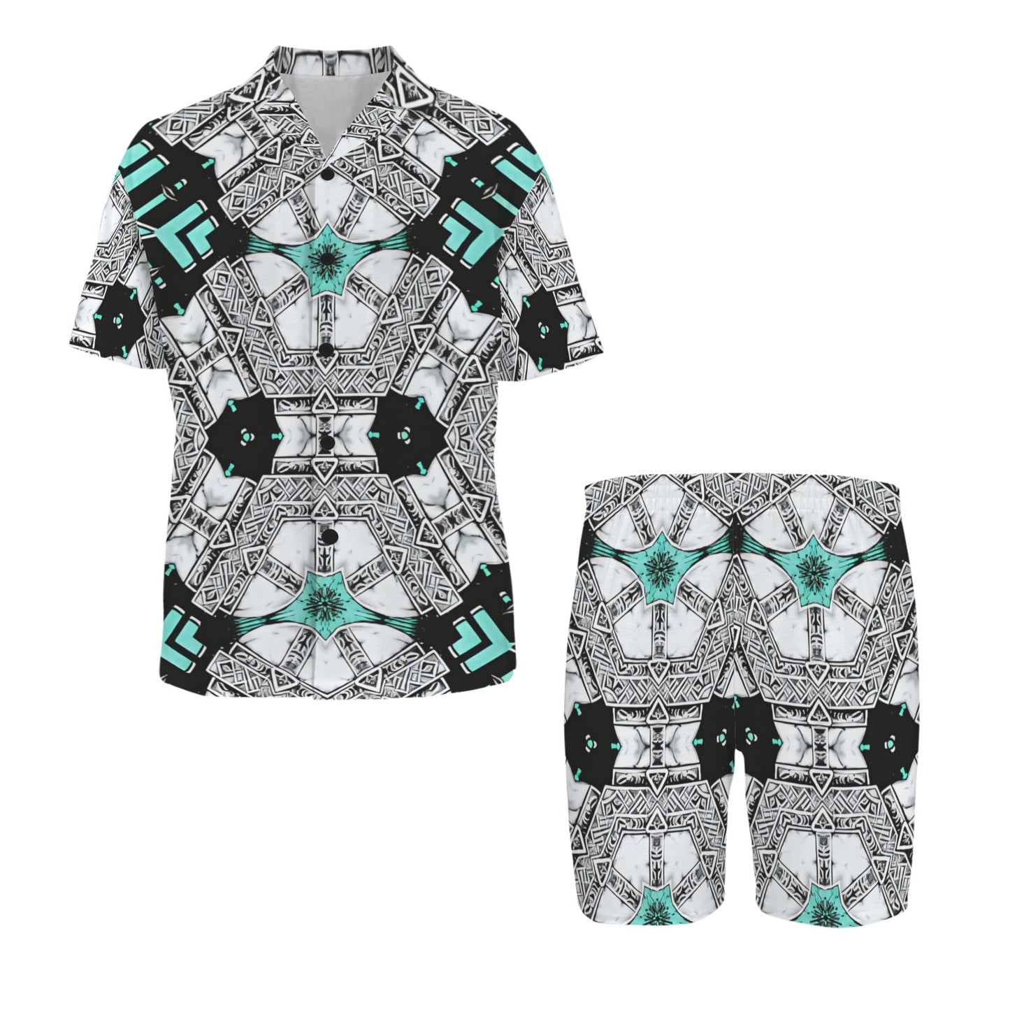 Men's Kaleidoscope Geo Pattern All Over Print V-Neck Short Pajama Set