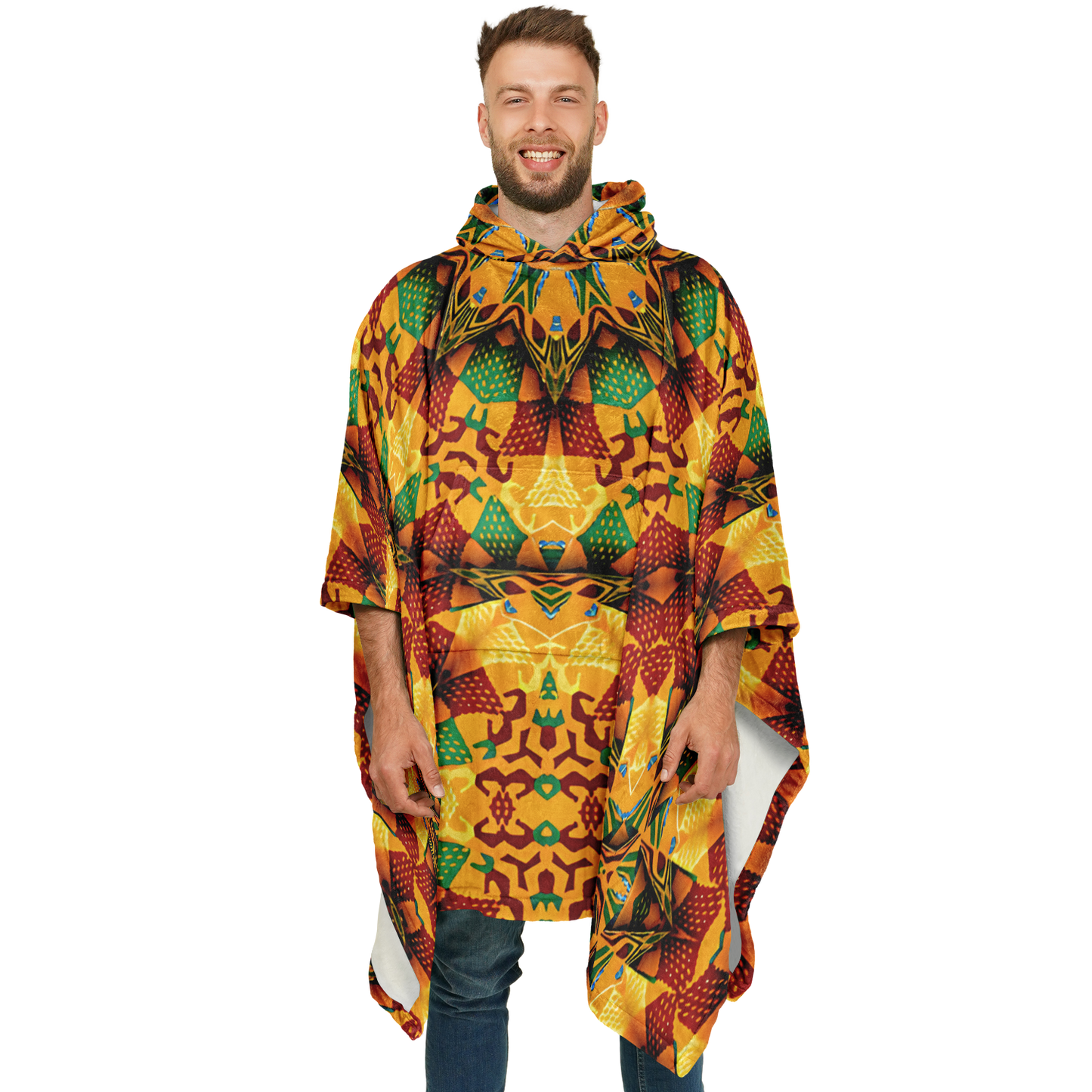 Men's Autumn Kaleidoscope Floral Pattern Flannel Blanket Poncho