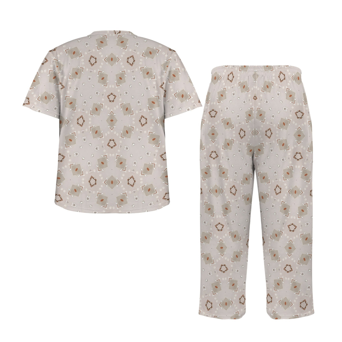 Men's Beige Neutral Geo Pattern Design All-Over Print Men's Crew Neck Pajama Set