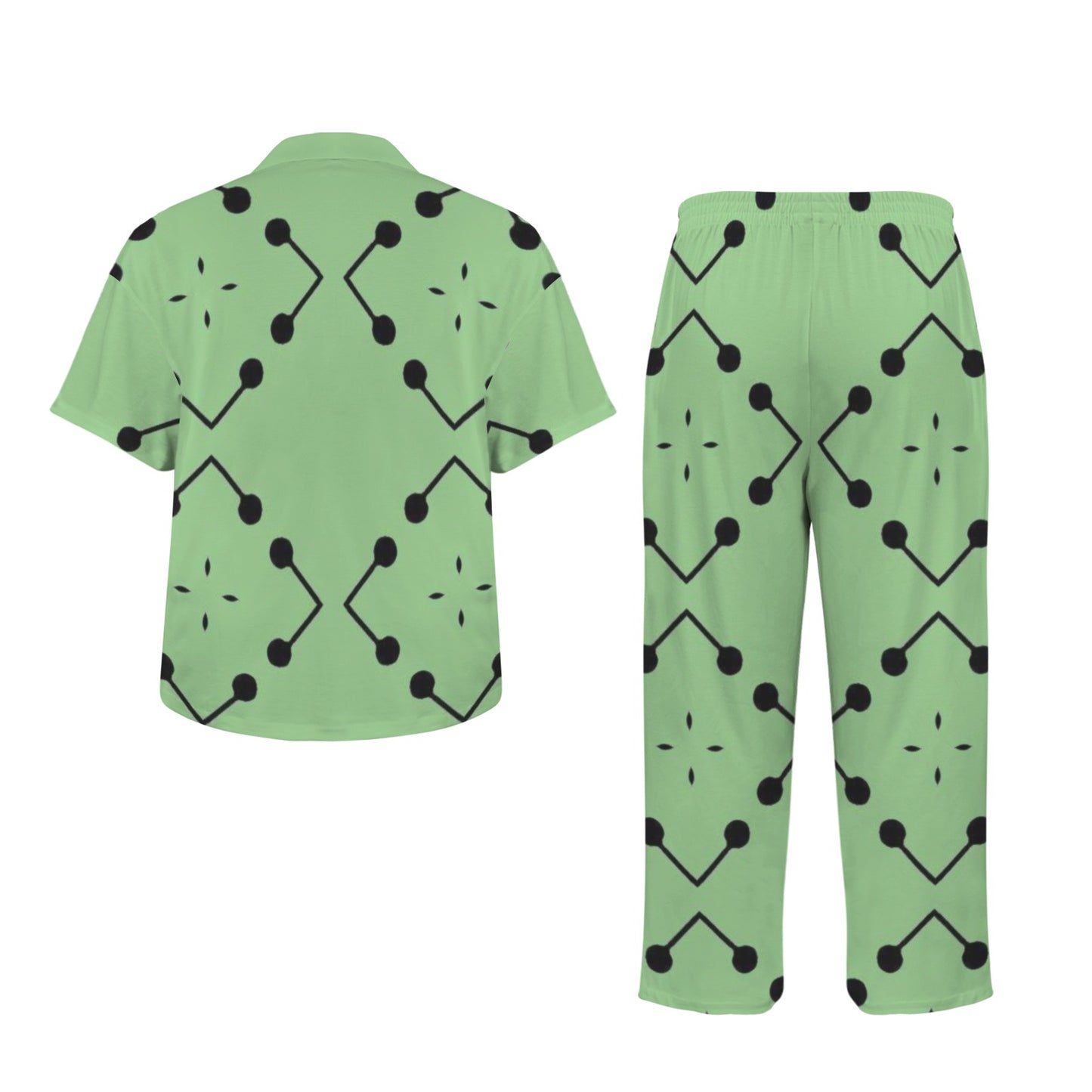 Women's Bold Green Geometric Black Dot-Node Pattern All-Over Print V-Neck Pajama Set
