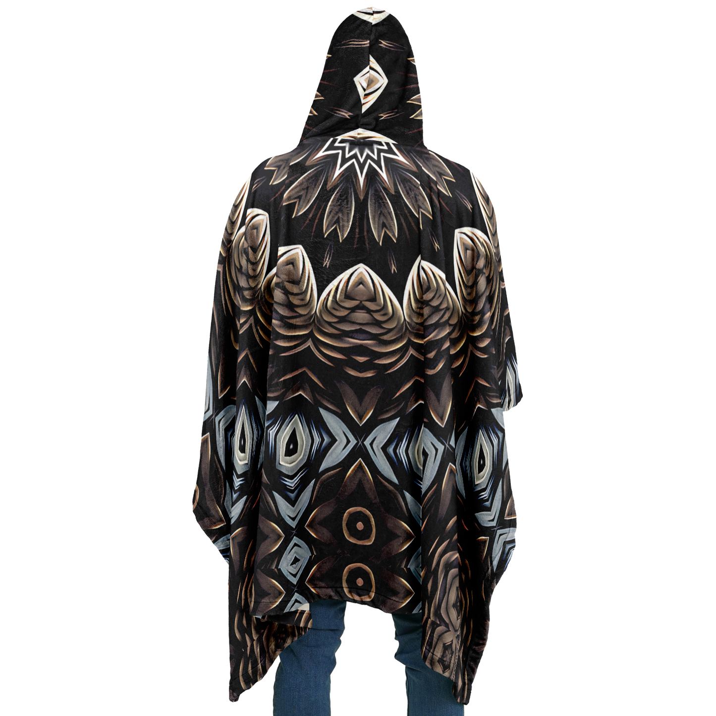 Men's Black & Taupe Kaleidoscope Floral Pattern Flannel Blanket Poncho All Over Print