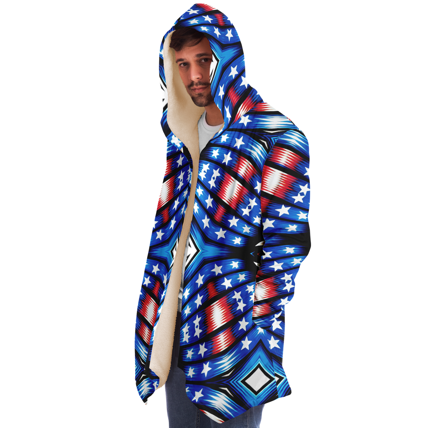 Men's Red White Blue Geometric Pattern All-Over Print All Over Print Microfleece Cloak