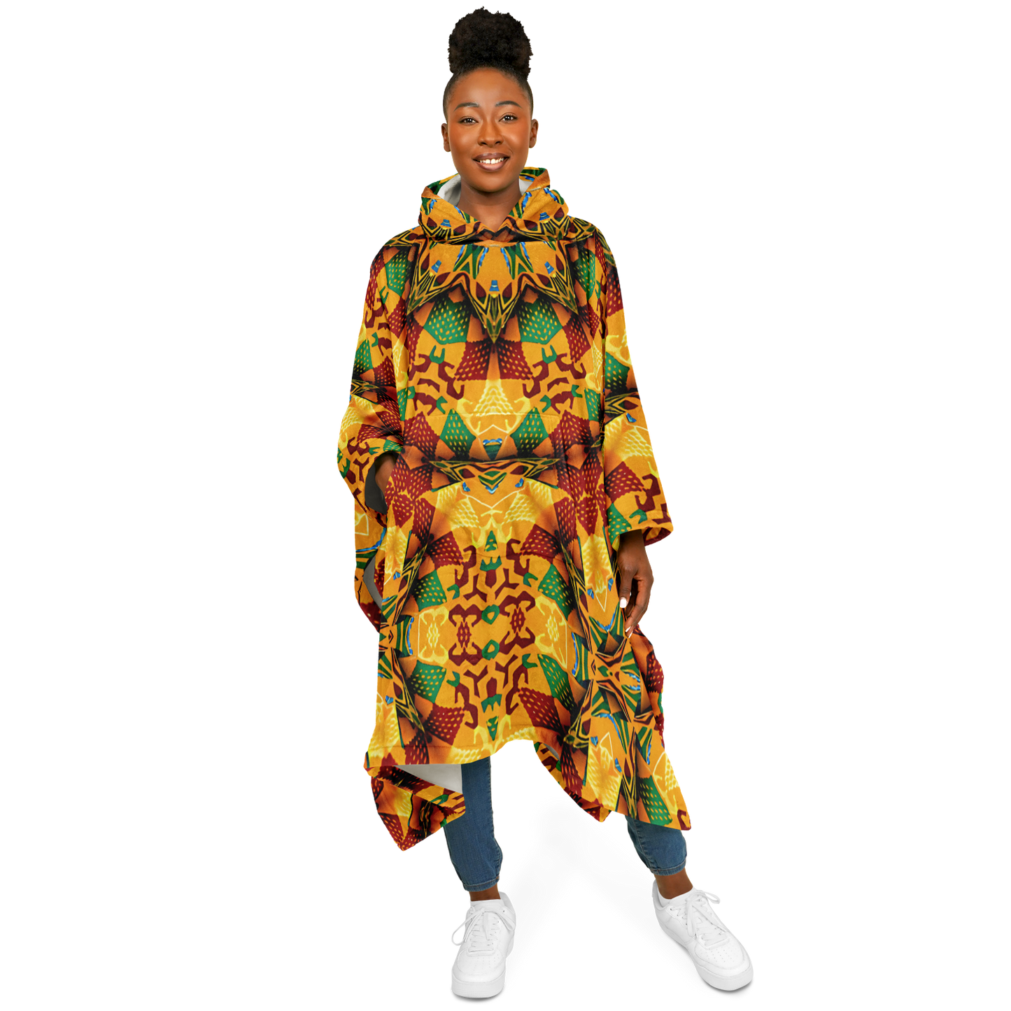 Women's Autumn Kaleidoscope Floral Pattern Flannel Blanket Poncho