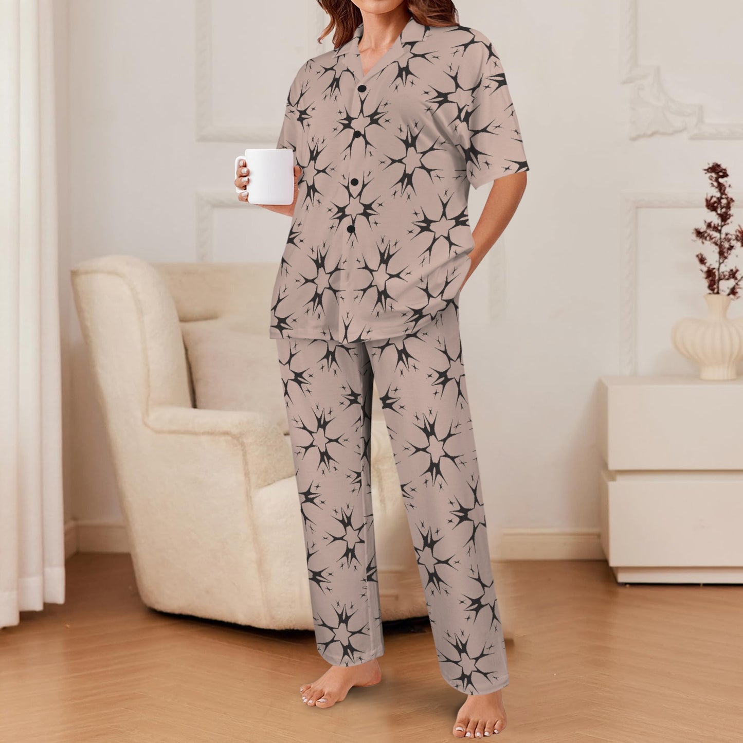 Women's Blush Pink Kaleidoscope Pattern All Over Print V-Neck Pajama Set