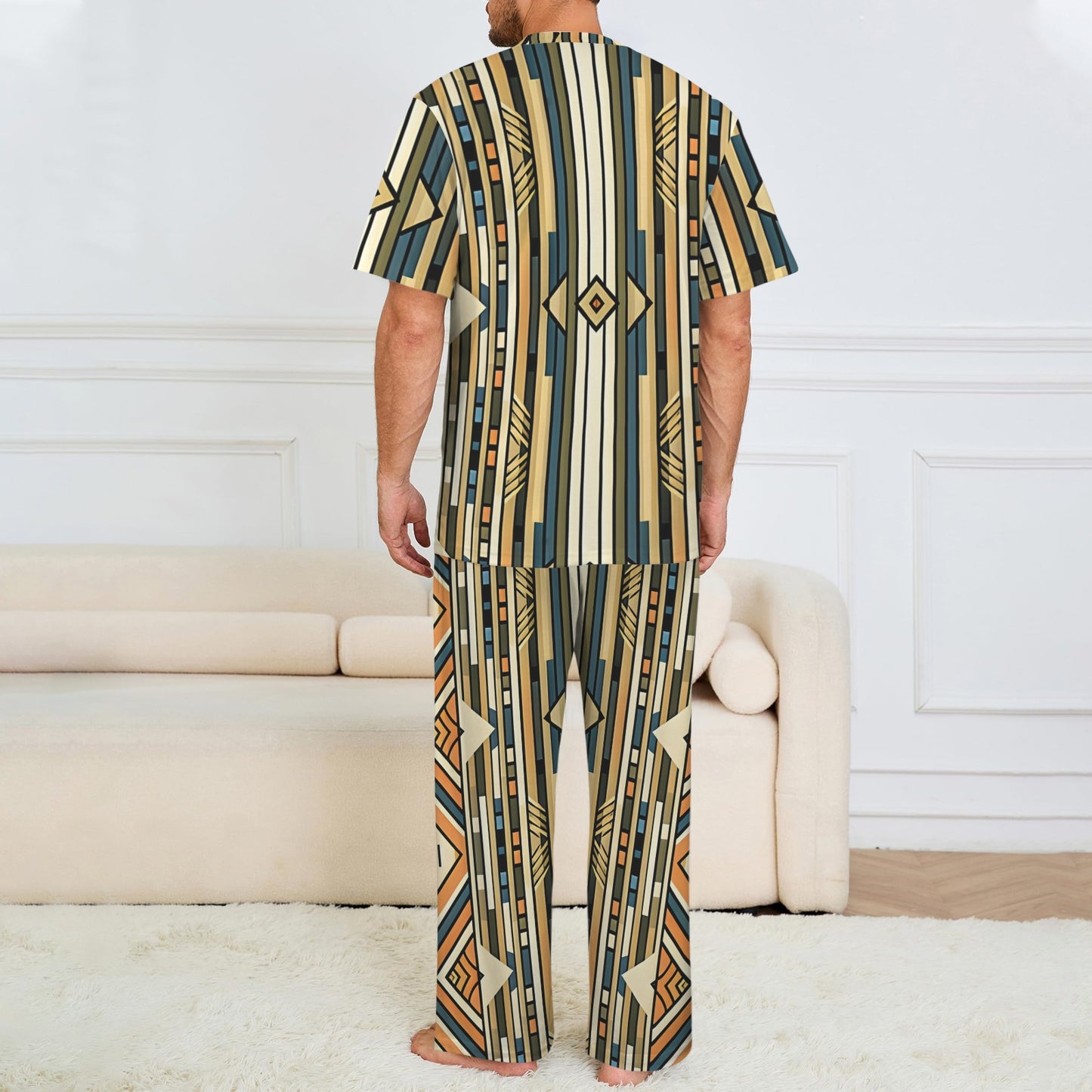 Men's Retro Geometric Tribal Pattern All-Over Print Crew Neck Pajama Set